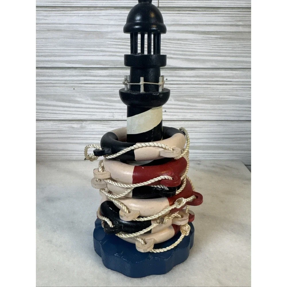 Vintage Sailaway Wood Lighthouse Caddy With 6 Napkins Rings